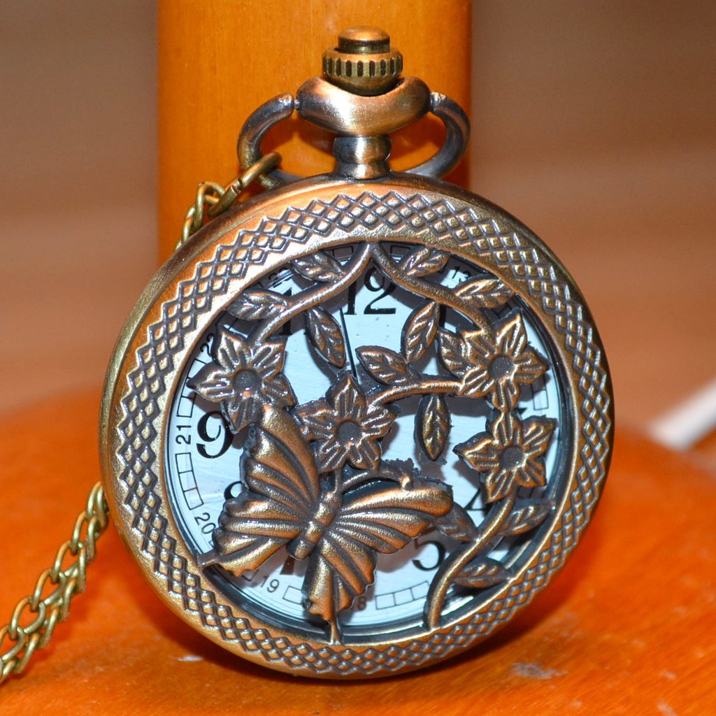 Blommor m. Fjäril Fickur Brons/Vintage "Klocka/Halsband" (Qu