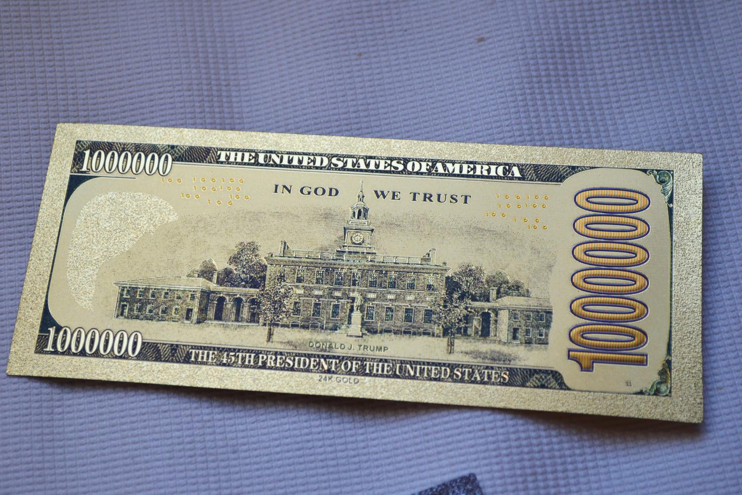 Donald Trump 2020 Keep America Great 1 Miljon Dollar Sedel 15,5cm Guldplätering