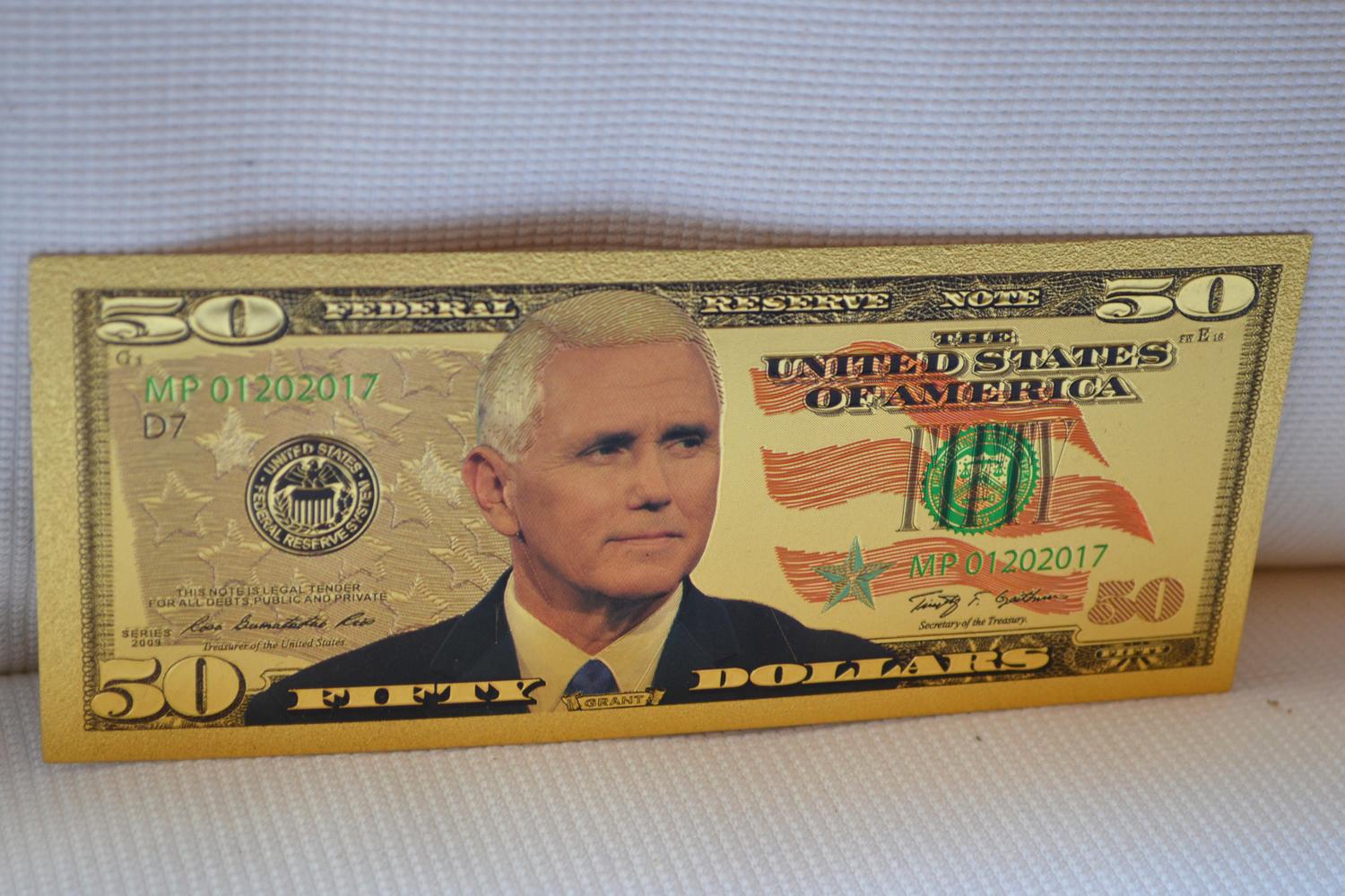 Mike Pence 50 Dollar USA Sedel Guldplätering 15,5*6,5cm Ny