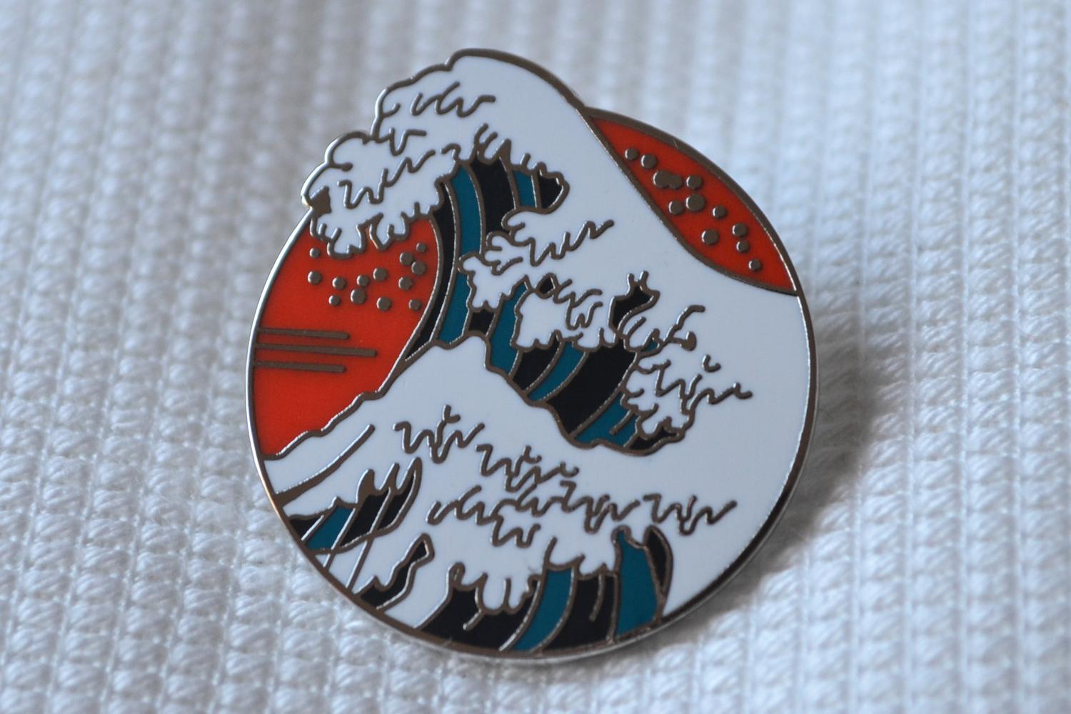 Kanagawa Wave Japan Rund m. Emalj Brosch Pin 3cm Ny