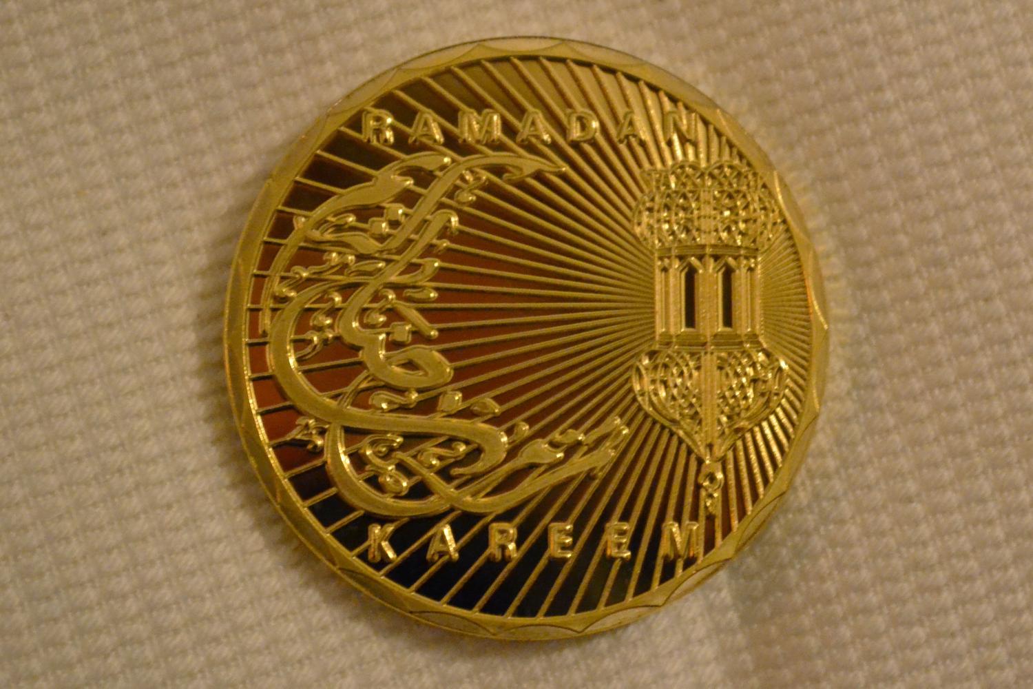 Eid Mubarak Ramadan Mosaik Blå/Vit Islam Guldplätering Mynt 4cm Ny