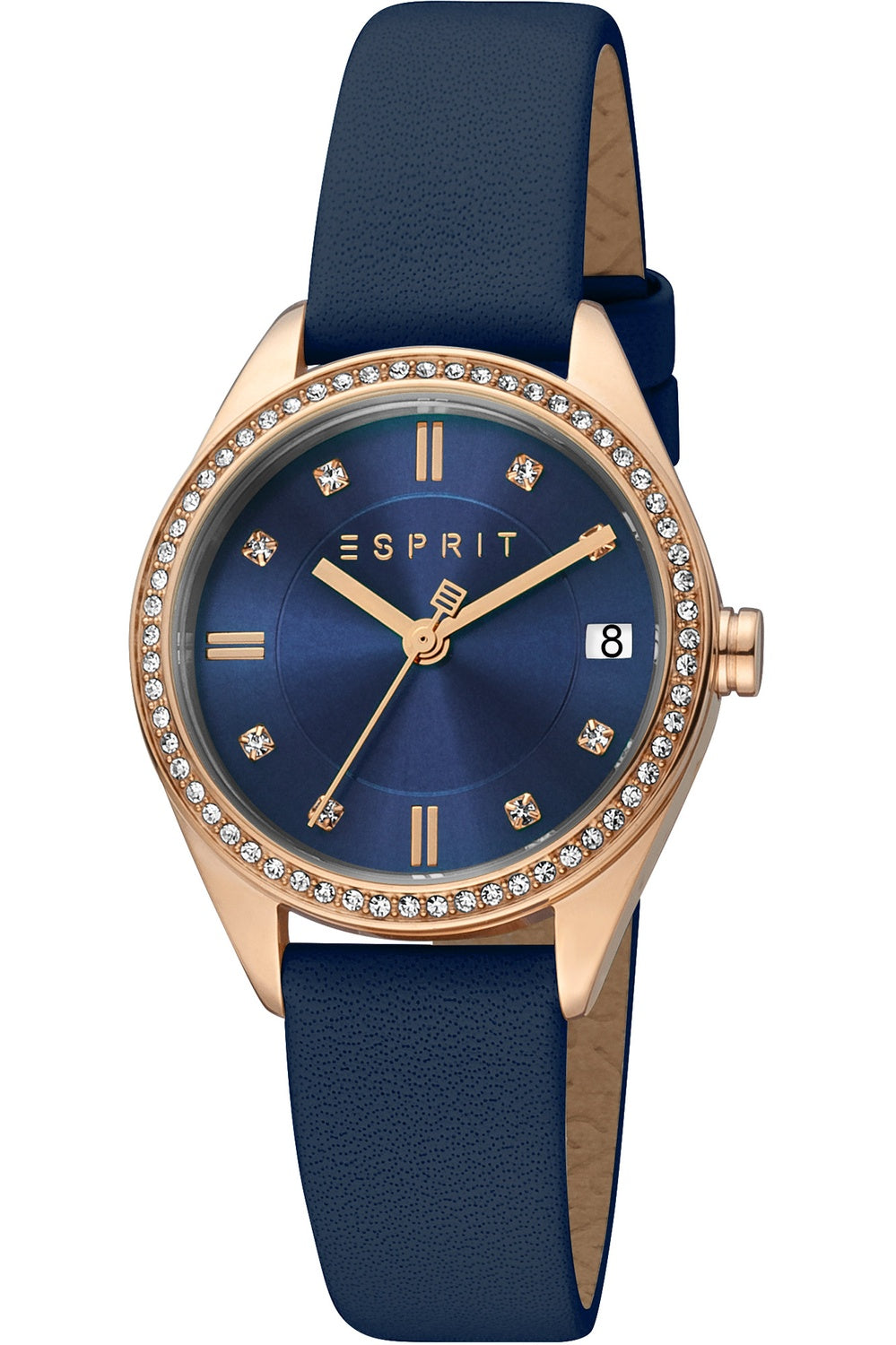 Esprit Alia Blå m. Kristaller Läder 30mm Armbandsur Klocka ES1L341L0045 Ny