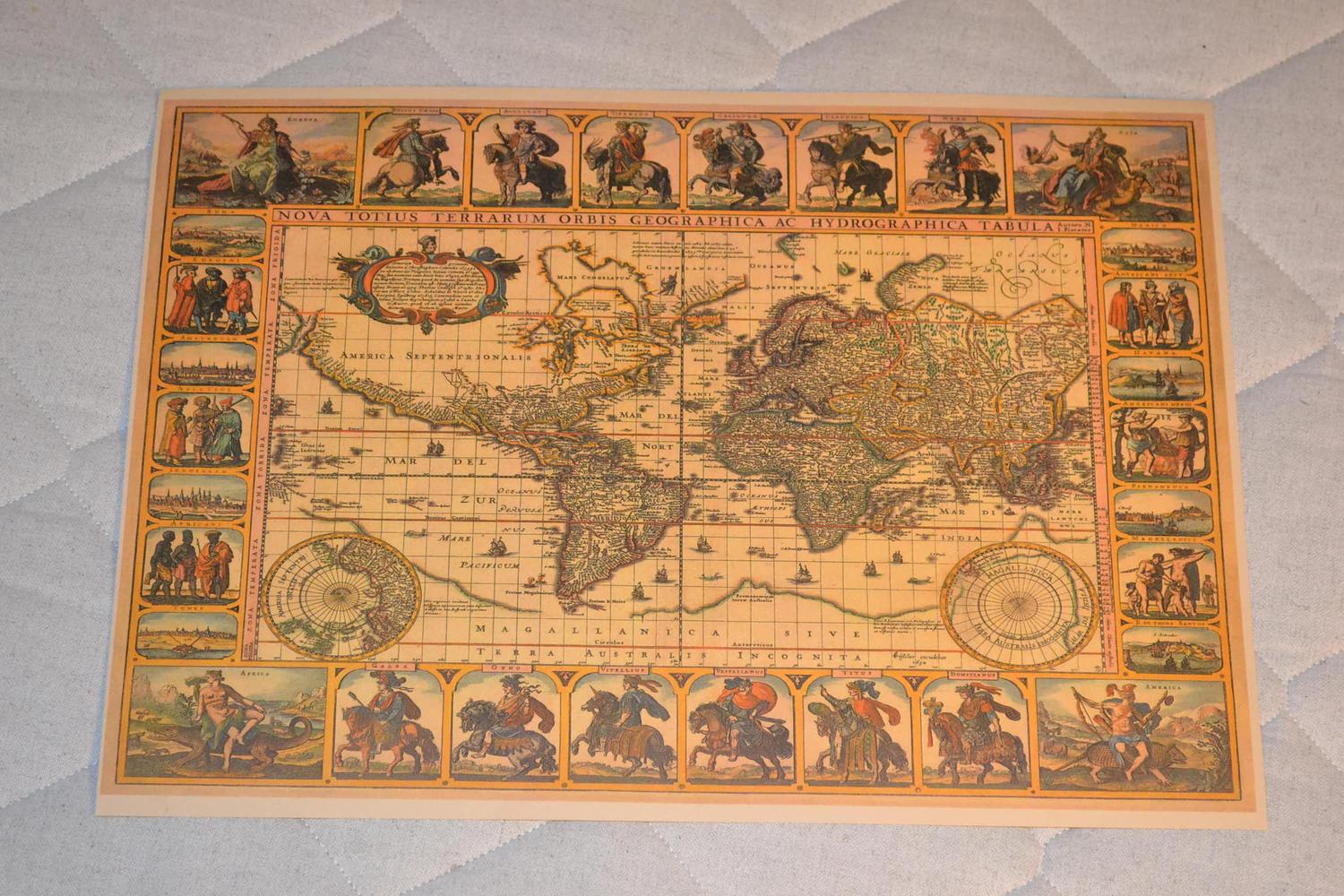 Världskarta m. Folk från Världsdelar ca 1700-tal Poster Affisch 30*42cm Ny