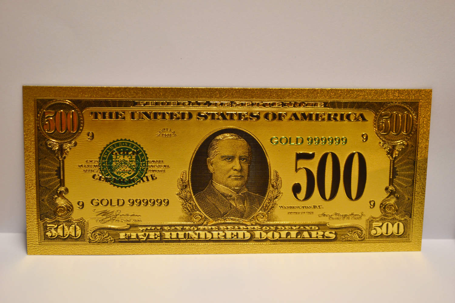 500 Dollar McKinley Sedel USA (Guld Plätering) Ny