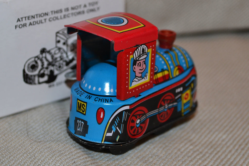 Windup Tåg Röd/Vit Plåtleksak m. Ask Vintage Stil Ny