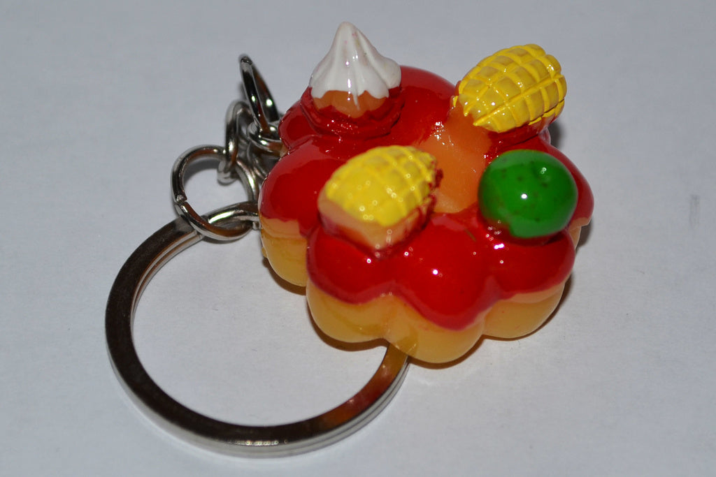 Röd m. Äpple, Majs, Lök Donut Nyckelring Plast 2,5cm Ny