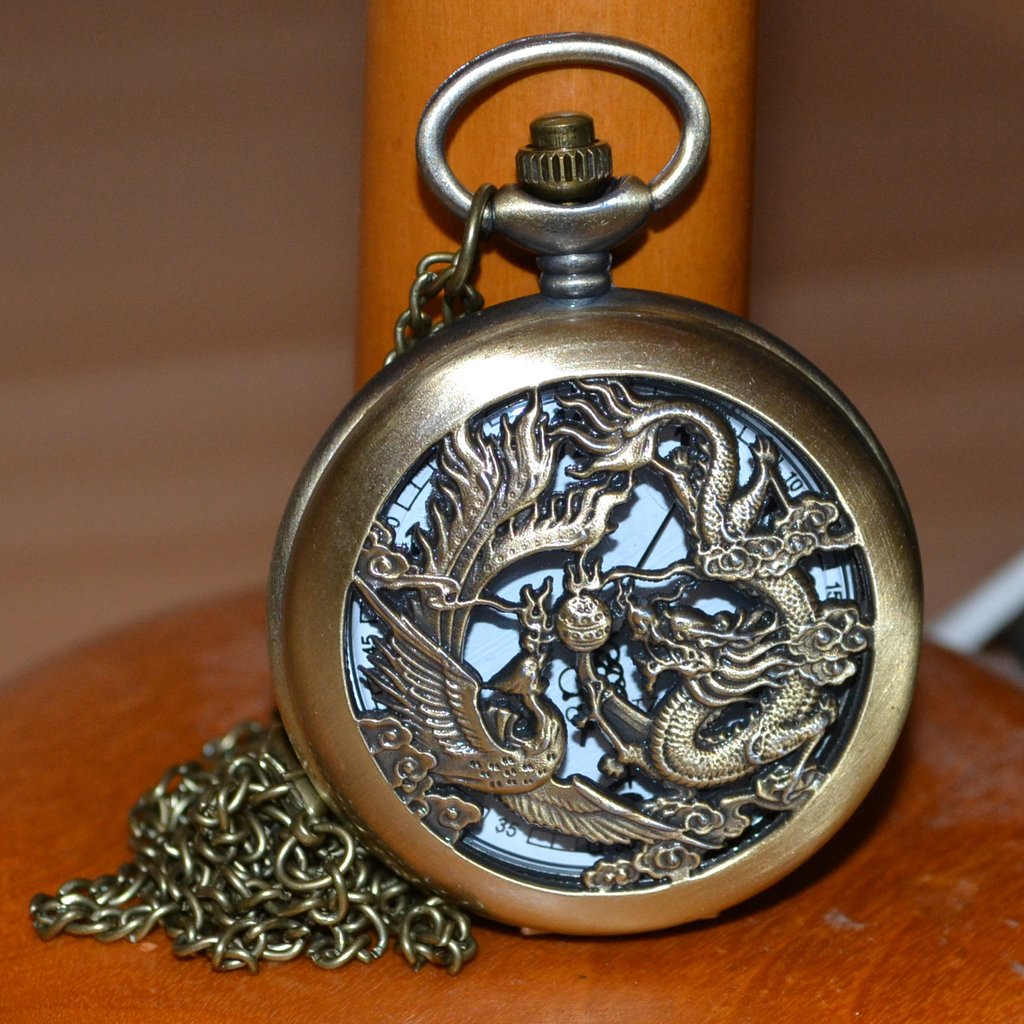 Kinesisk Drake Klassisk Kina m. Hålighet Fickur Quartz klocka (Vintage Brons) Ny