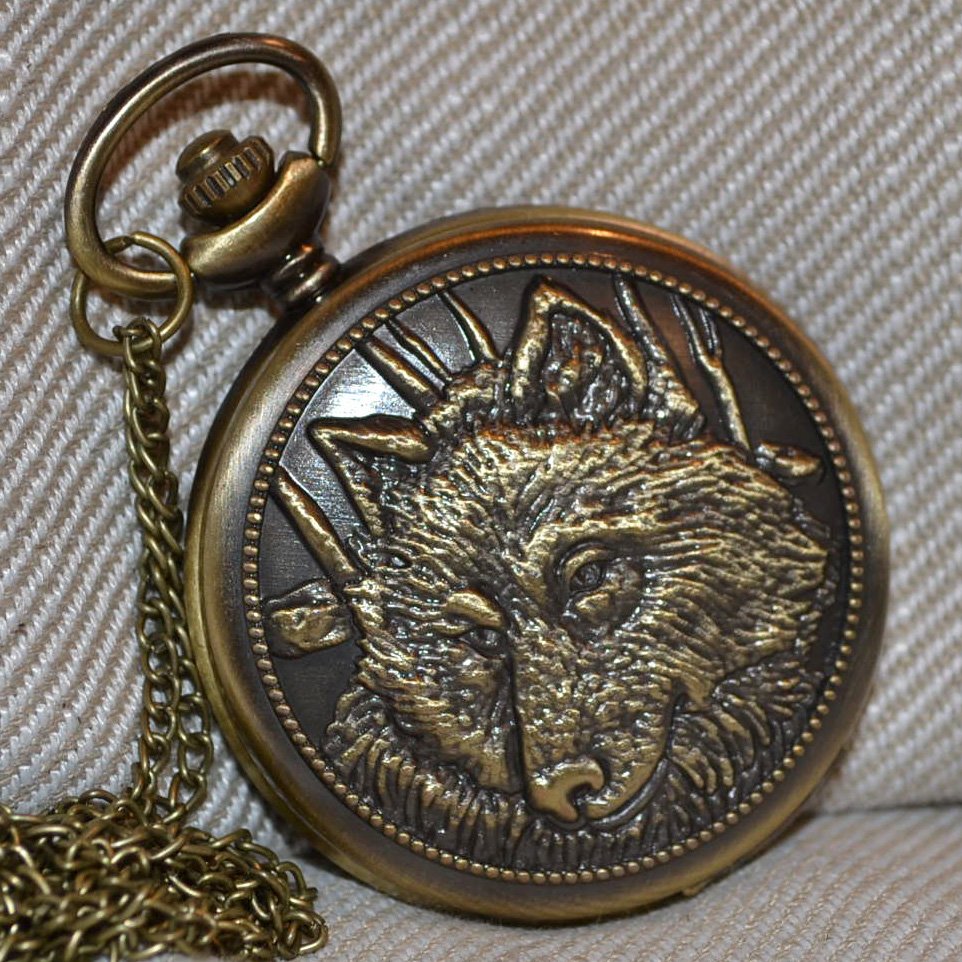 Varg, Huvud Fickur Brons/Vintage Klocka, Halsband Ny