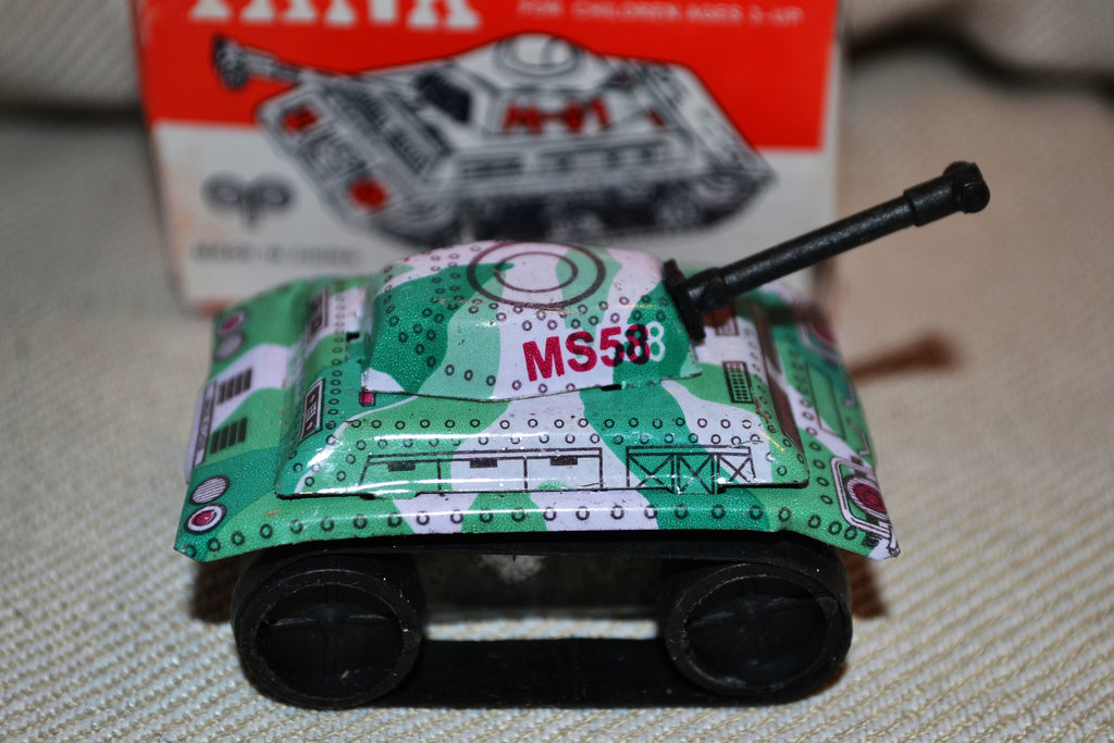 Plåtleksak Tank pansarvagn uppdragning Vintage Ny