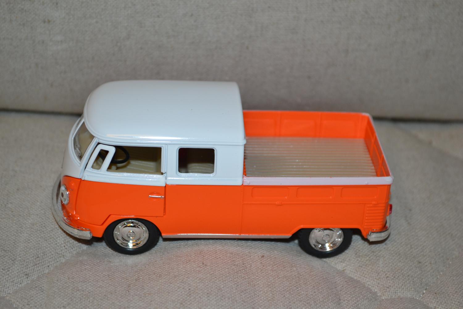 Orange Volkswagen Folkbuss Double Cab 1963 1:34 Kinsmart 13cm Ny
