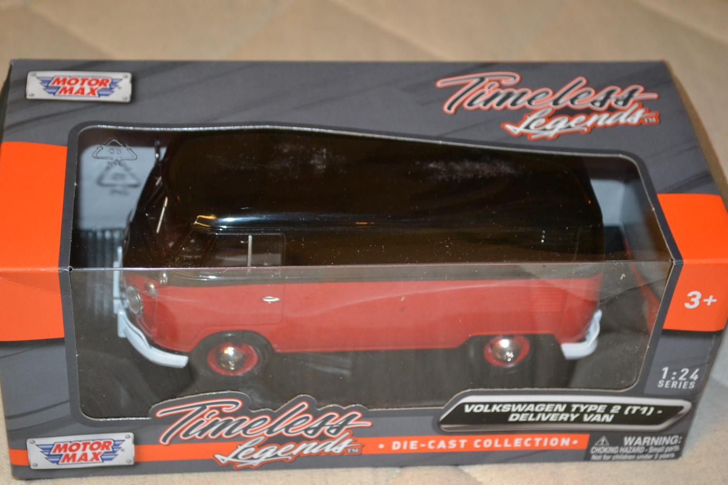 VW T1 Delivery Van Folkbuss Volkswagen Svart/Röd 1:24 Motormax 17cm Ny