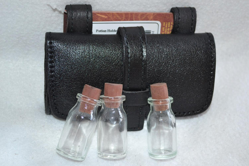 Potion väska m. 3st Flaskor o Kork Läder (SVART) 13*9cm Rollspel Ny