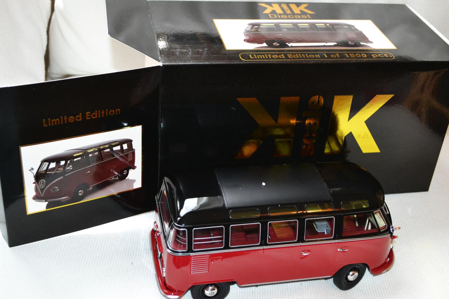 Volkswagen T1 Samba Folkbuss 1961 Röd/Svart 1:18 KK Scale 23cm Ny