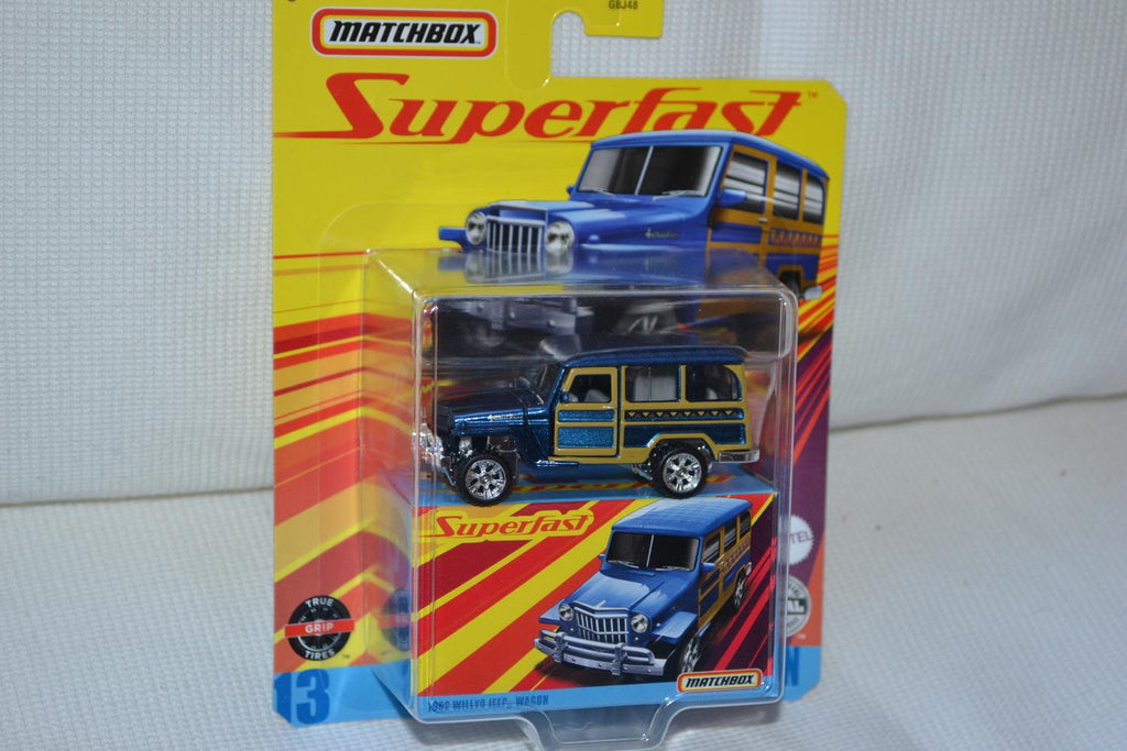 1962 Willys Jeep Wagon Blå/Trä 1:64 Matchbox Superfast 7cm Ny