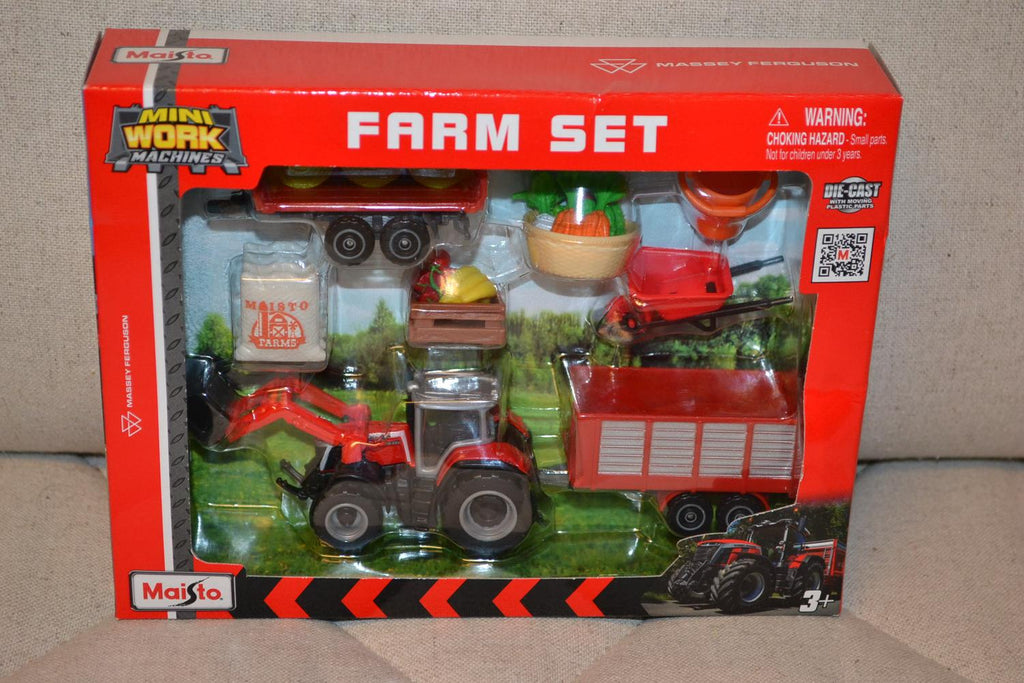 12st Traktor m. Tillbehör Massey Ferguson Lek Maisto 1:64 10cm Ny