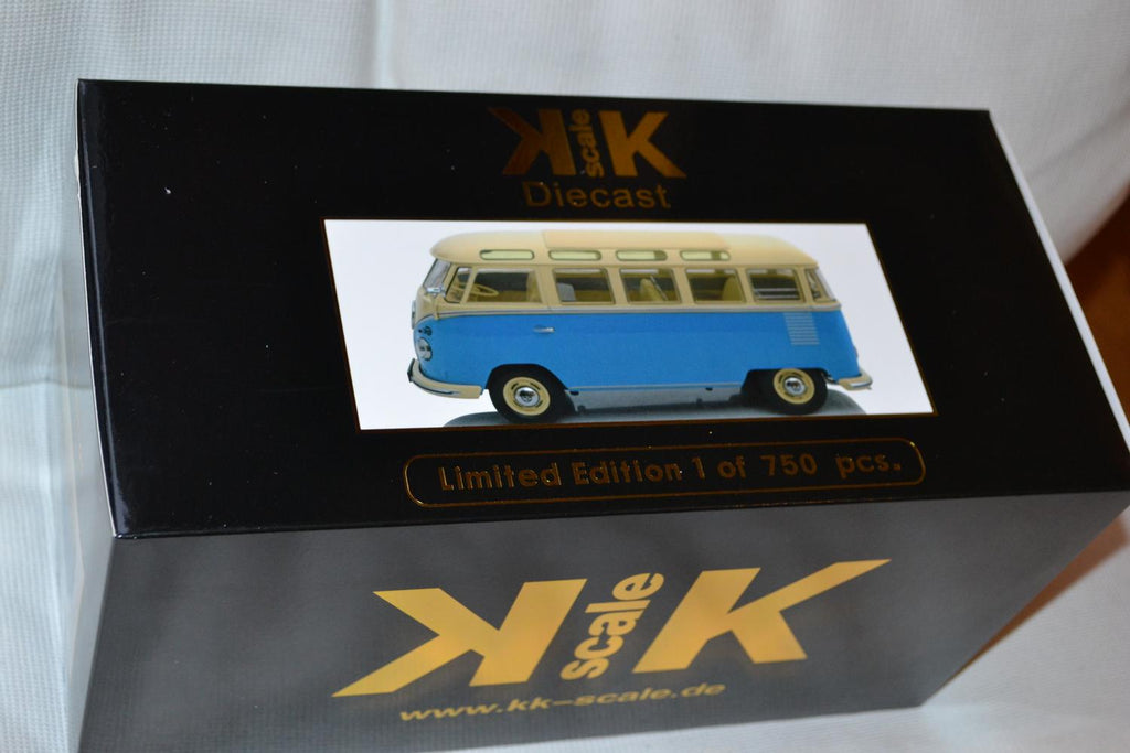 Volkswagen T1 Samba Folkbuss 1962 Blå/Vit 1:18 KK Scale 23cm Ny