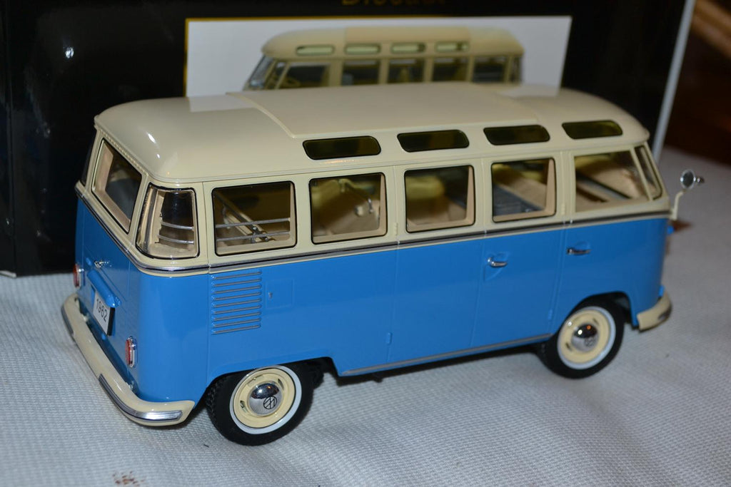 Volkswagen T1 Samba Folkbuss 1962 Blå/Vit 1:18 KK Scale 23cm Ny