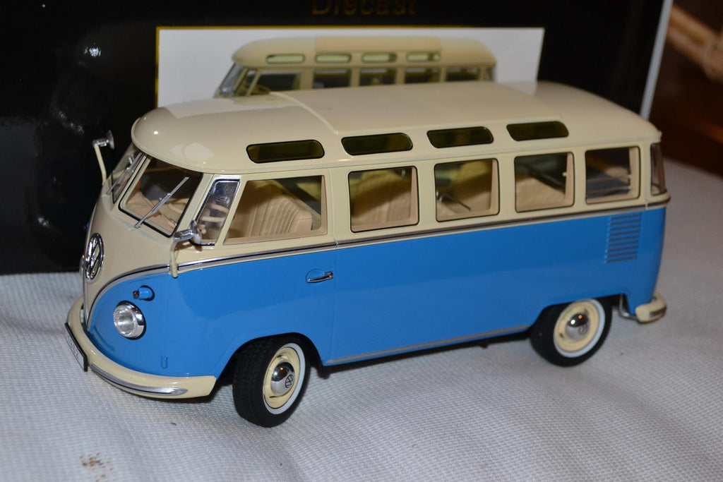 Volkswagen T1 Samba Folkbuss 1962 Blå/Vit 1:18 KK Scale 23cm Ny