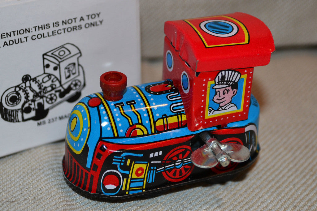 Windup Tåg Röd/Vit Plåtleksak m. Ask Vintage Stil Ny