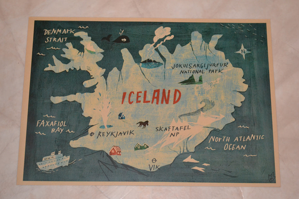 Iceland Island Karta (Reykavik, Båt, Hus mm) Resa Poster Affisch 30*42cm Ny