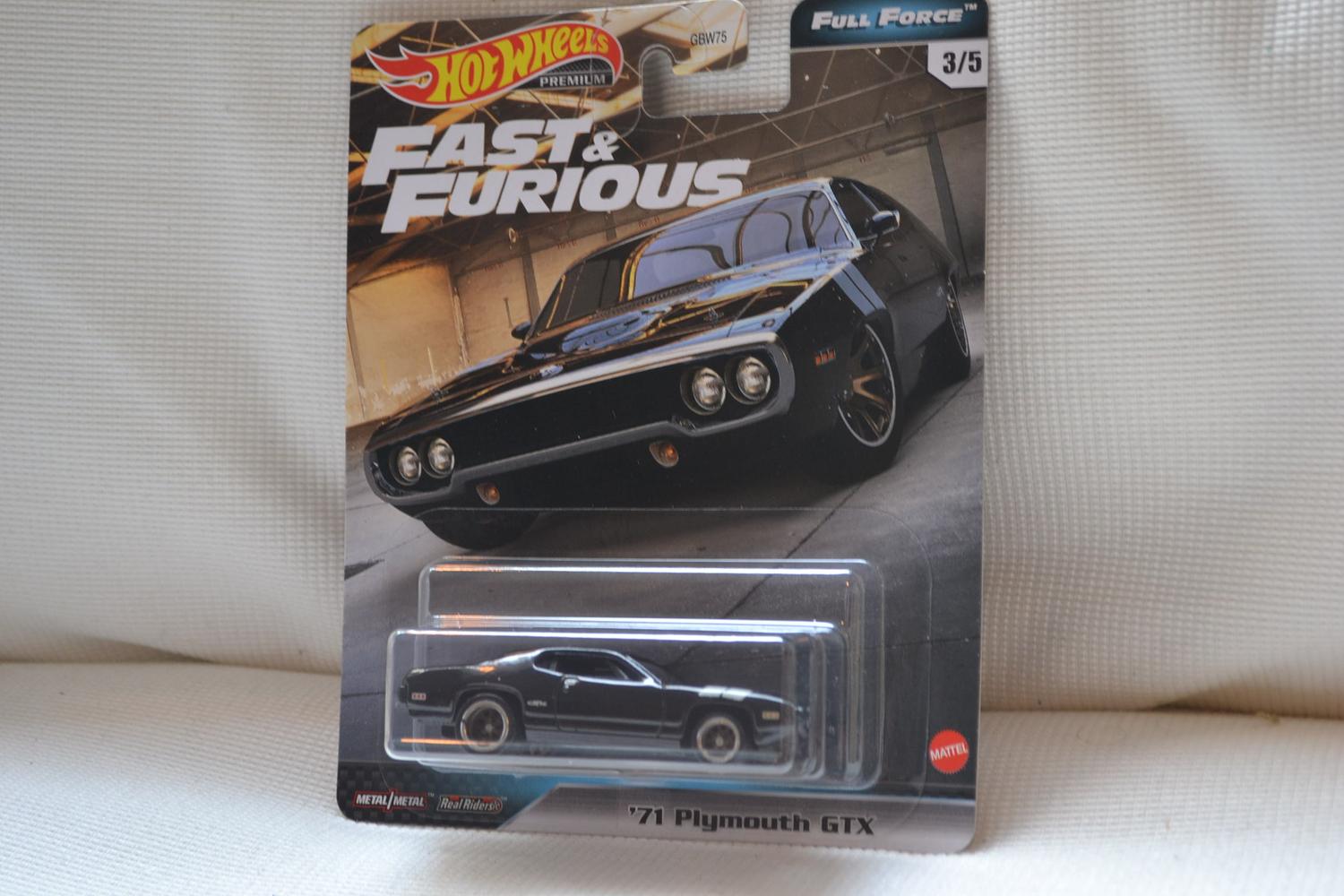 1971 Plymouth GTX Svart Fast Furious 1:64 Hot Wheels PREMIUM Full Force 7cm Ny