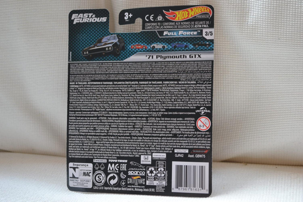 1971 Plymouth GTX Svart Fast Furious 1:64 Hot Wheels PREMIUM Full Force 7cm Ny