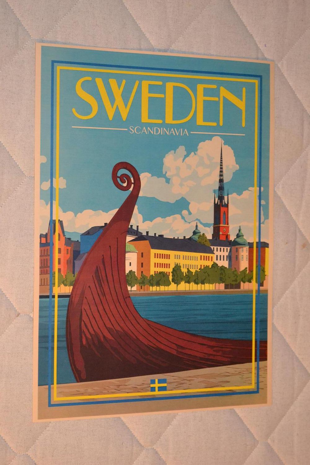 Sweden Scandinavia m. Vikingabåt Sverige Poster Affisch 30*42cm Ny