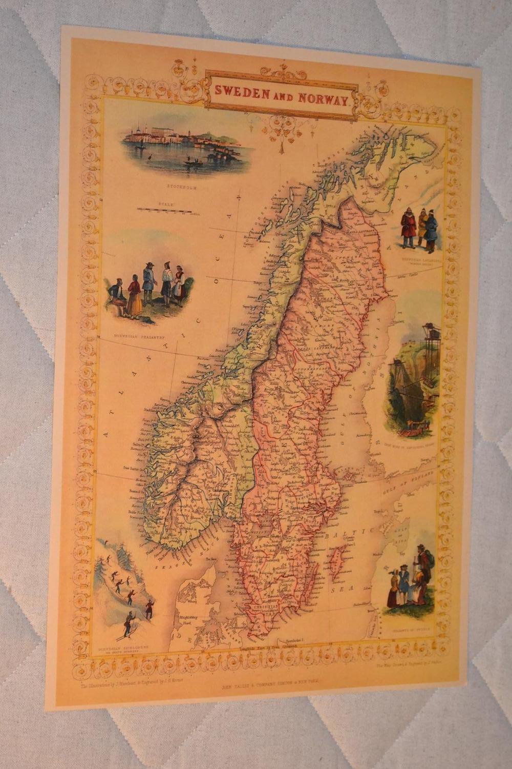 Sverige & Norge Karta Vintage Poster Affisch 30*42cm Ny