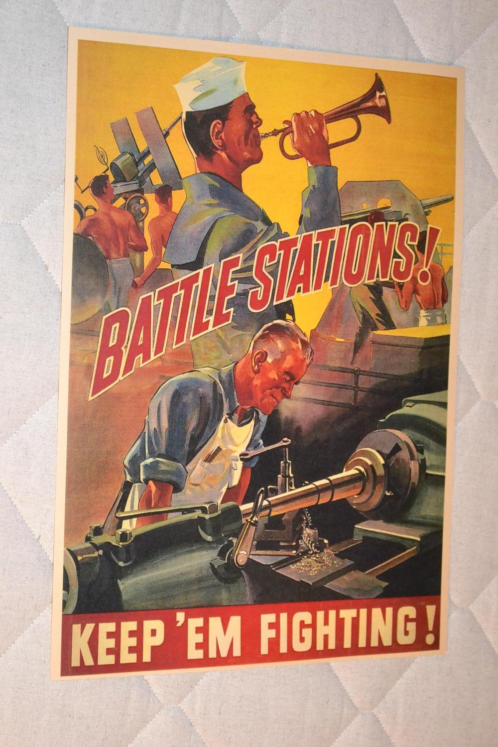 Battlestations Keep em Fighting WW2 Propaganda USA Poster Affisch 30*42cm Ny