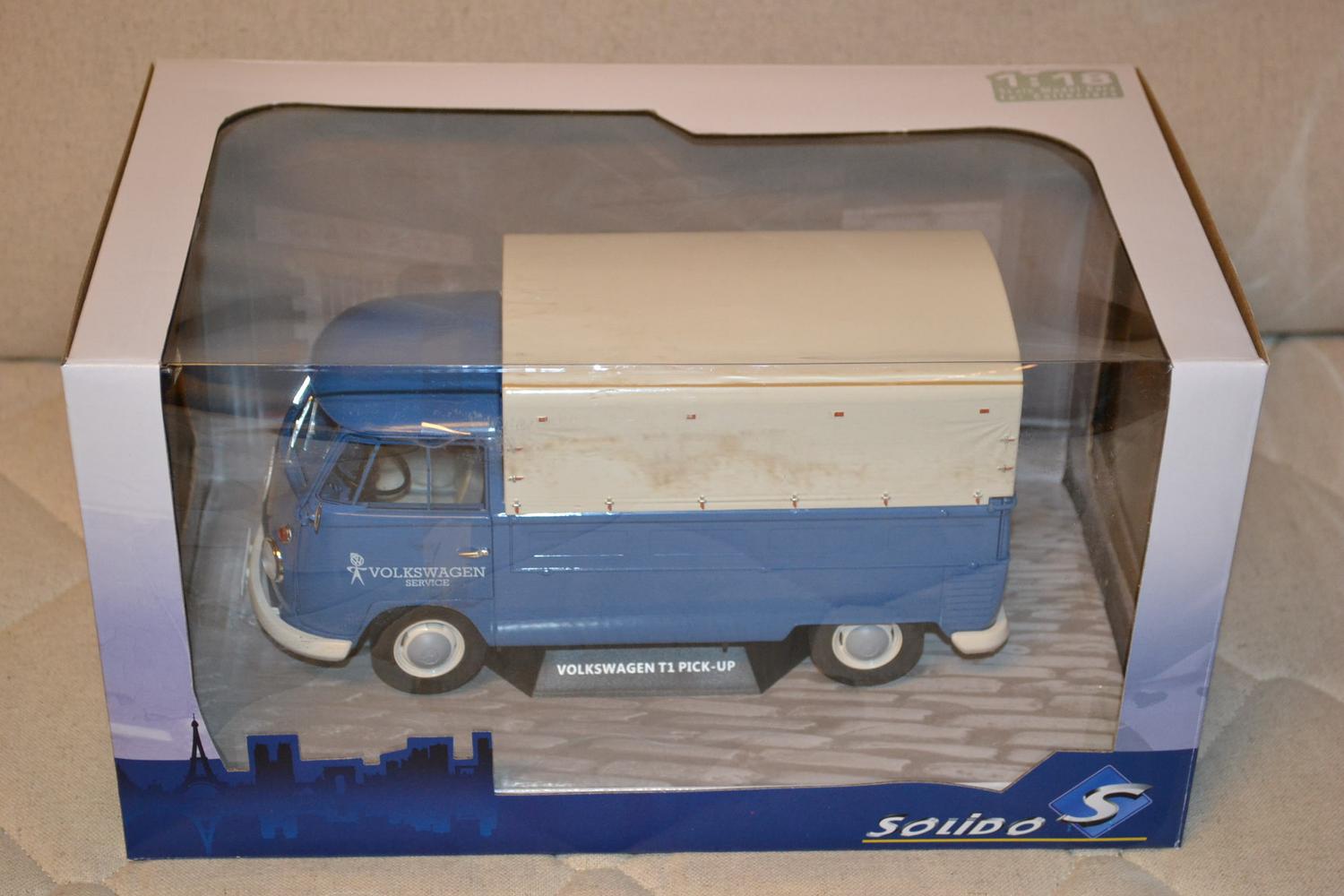 Volkswagen T1 Pickup Service Ljusblå m. Kåpa 1:18 Solido 23cm Ny