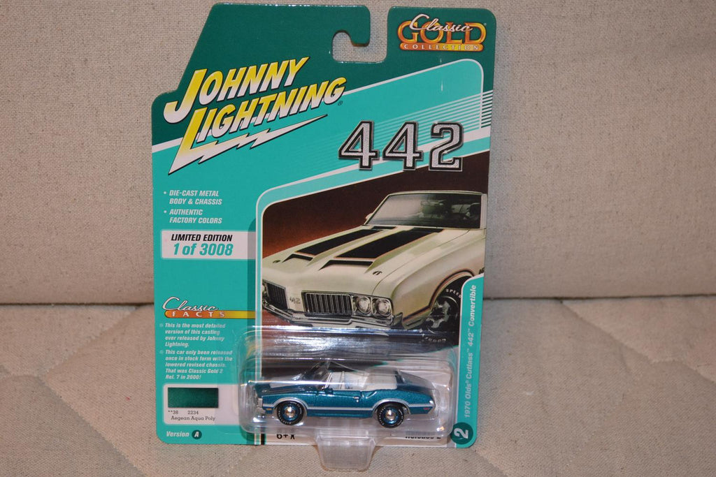 1970 Olds Cutlass 442 Convertible Blå 1:64 Johnny Lightning Gold 22A 7cm Ny