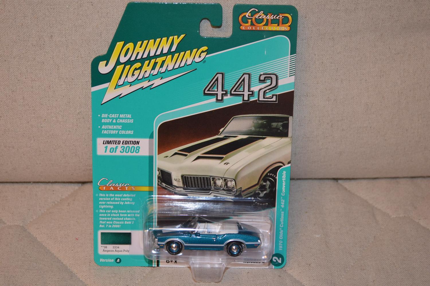 1970 Olds Cutlass 442 Convertible Blå 1:64 Johnny Lightning Gold 22A 7cm Ny