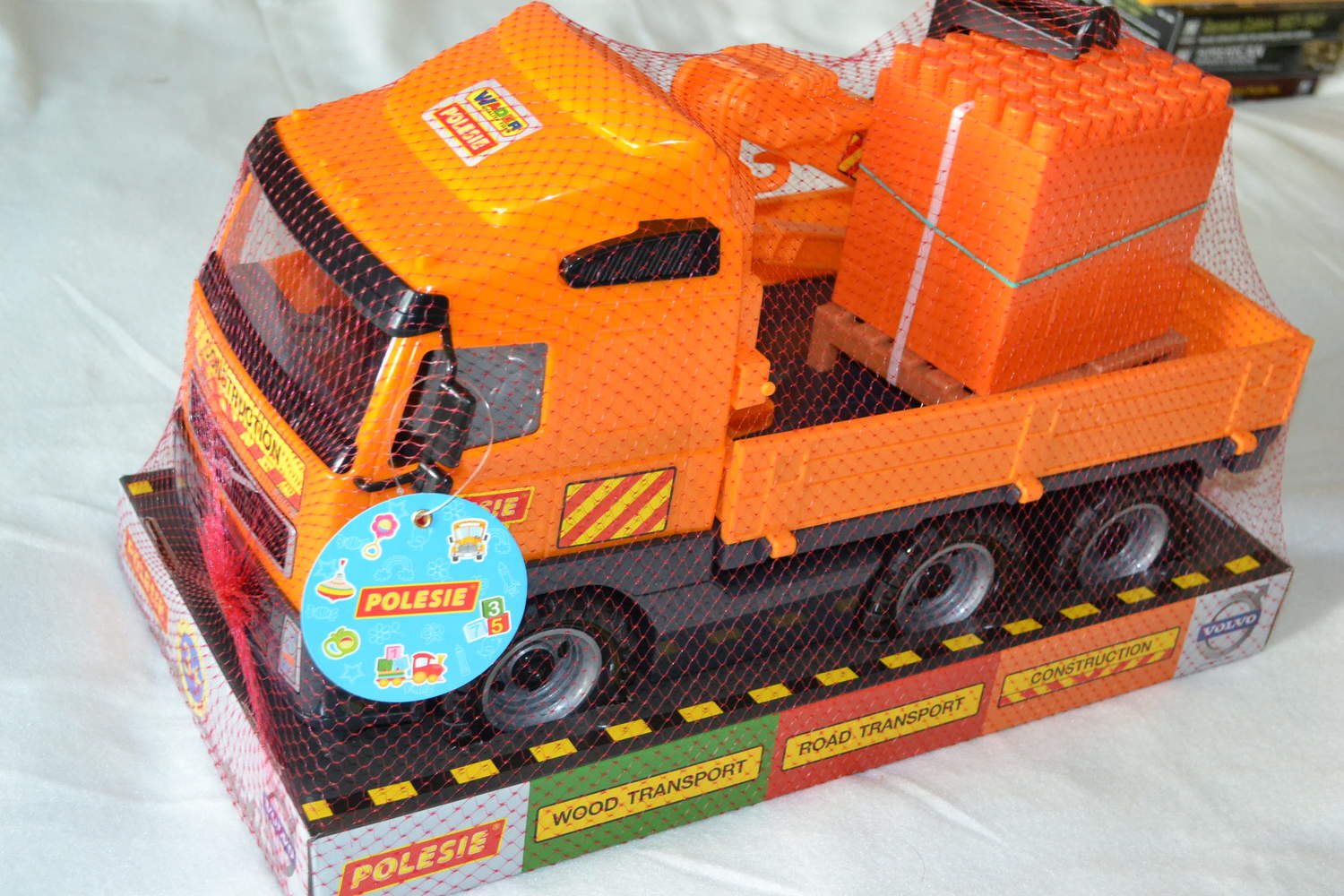 Volvo Lastbil m. Kran o Klossar Orange 1:16 Polesie 45cm Ny