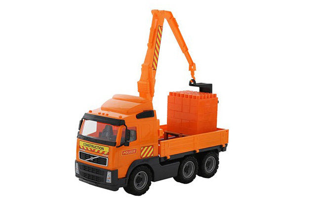 Volvo Lastbil m. Kran o Klossar Orange 1:16 Polesie 45cm Ny