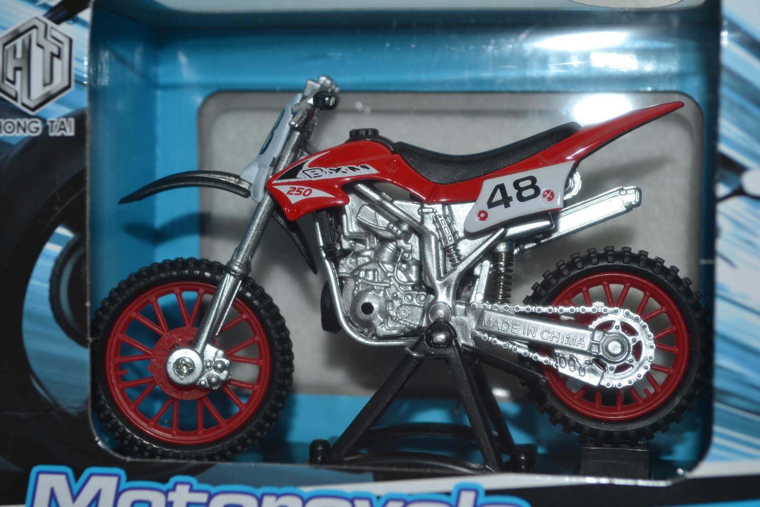 Röd Motorcykel MC Cross Dirtbike METALL 1:18 12cm (M. Fjädring) Ny