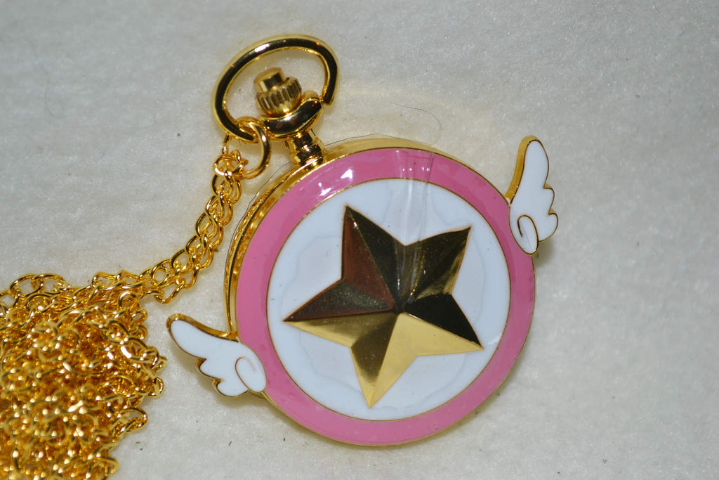 Cardcaptor Sakura Stjärna m. Vingar Rosa Ifylld Färg Fickur (Quartz) Halsband Ny