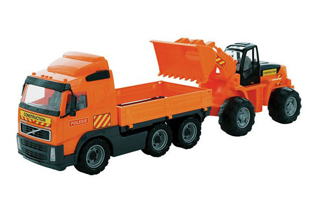 Volvo Lastbil Orange Flak m. Grävare Lastare 1:16 Polesie 86,5cm Ny