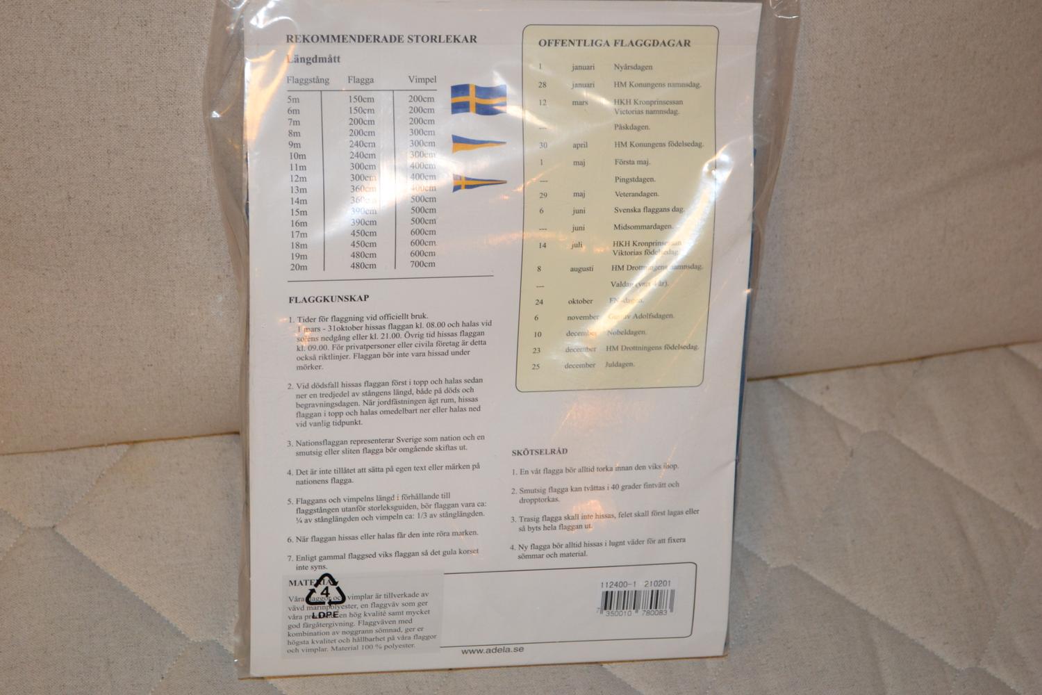 Svensk Flagga 240cm 2,4m Adela (9m Flaggstång) Ny