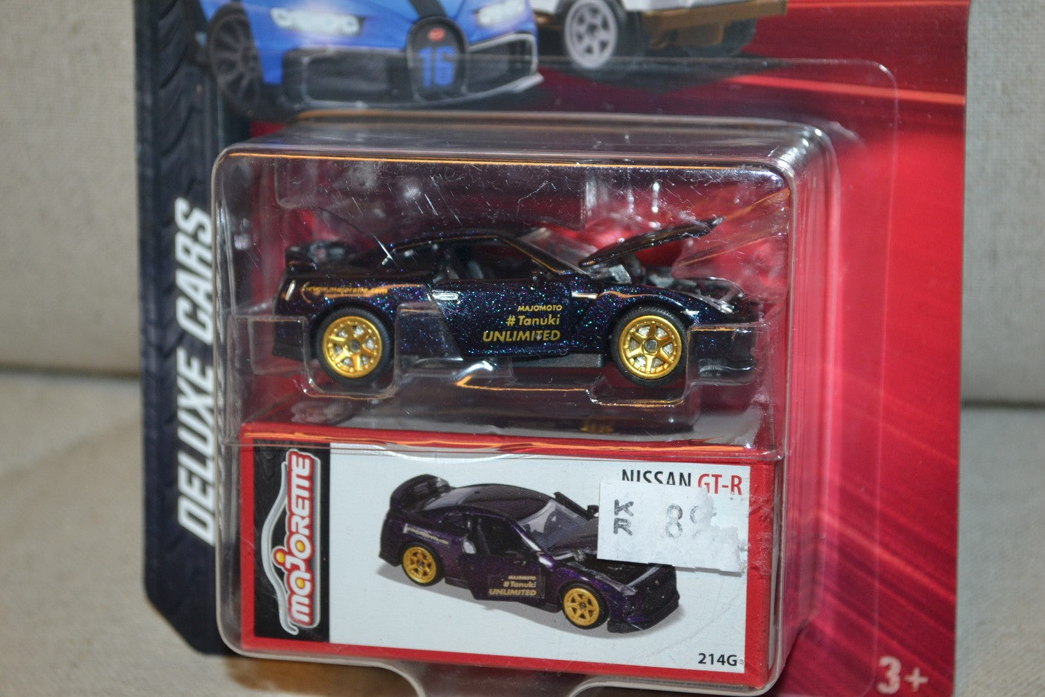 Nissan GT-R Lila Guldfälgar GTR Majorette 1:64 7cm Öppningsbara delar Ny