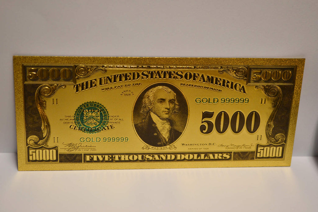 5000 Dollar Madison Sedel USA (Guld Plätering) Ny