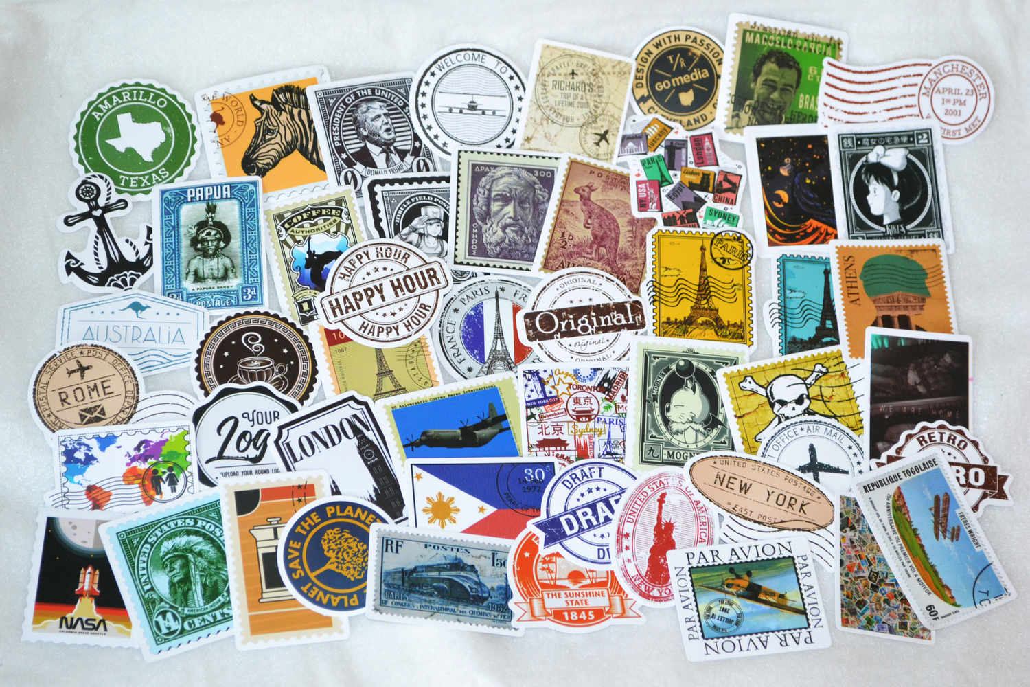 Resor Frimärken (Världen, Väska USA Paris) 50st Klistermärken (Ca 7-4cm St) Ny