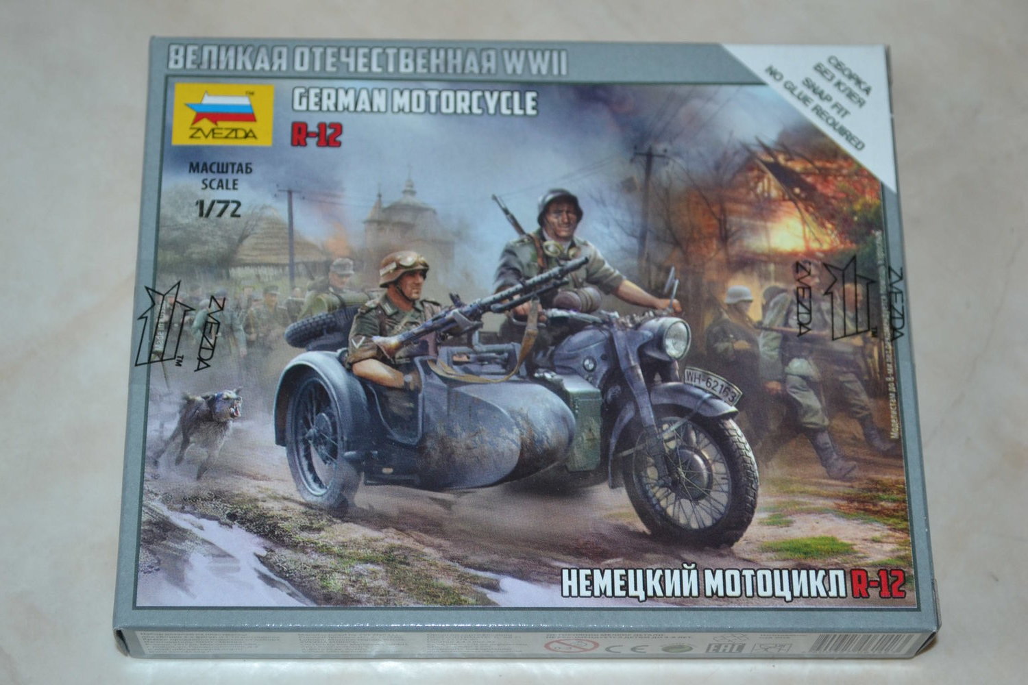 Tysk Motorcykel WW2 m. Trupper 1:72 Zvezda (German Motorcycle R-12) Ny