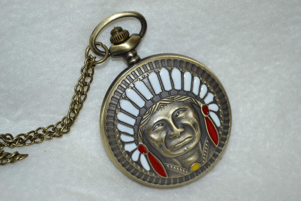 Indian Hövding m. Ifylld Färg Fickur (Quartz) Halsband Ny