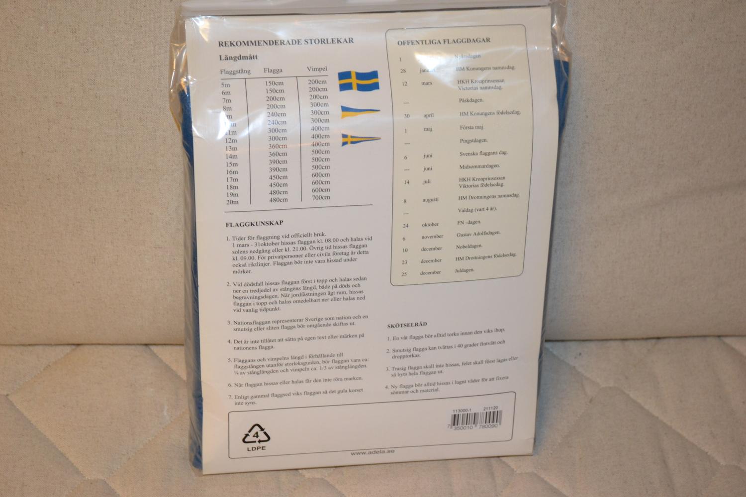 Svensk Flagga 300cm 3m Adela (12m Flaggstång) Ny