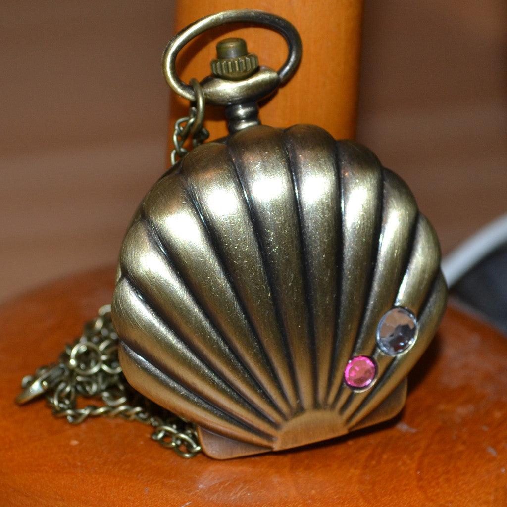 Snäckskal Snäcka m. 2st Kristaller Fickur Quartz klocka (Vintage Brons) Ny