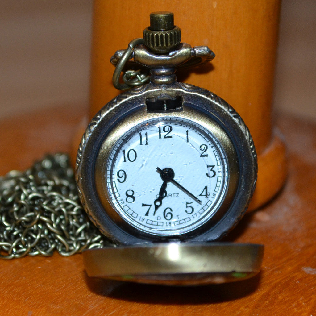 Uggla i Mosaik (Grön/Vit) Svart Litet Fickur Quartz klocka (Vintage Brons) Ny