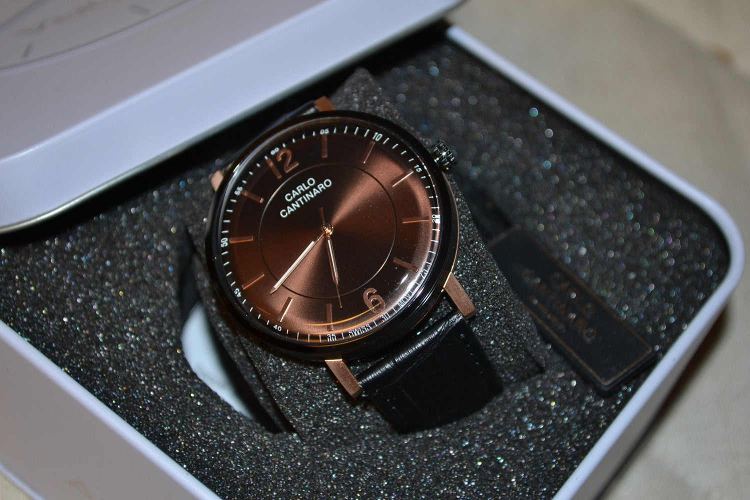 Carlo Cantinaro Svart/Brons Läder Armbandsur Klocka 42mm CC1003GL008 Ny