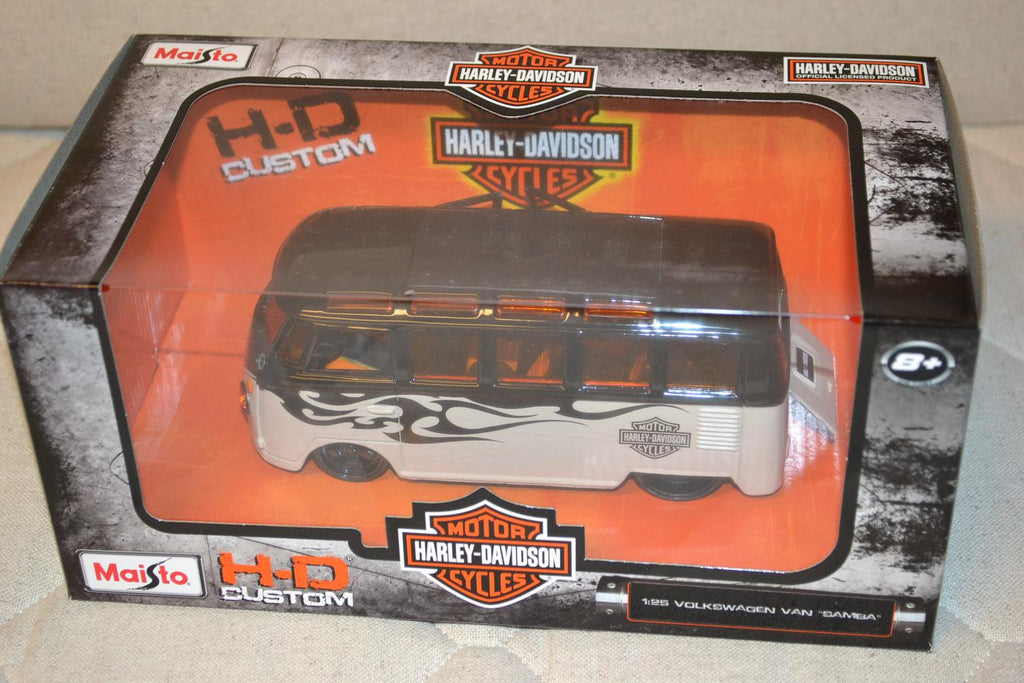 Volkswagen Van Samba Flames Vit/Svart Harley Davidson 1:24 Maisto 16cm Ny